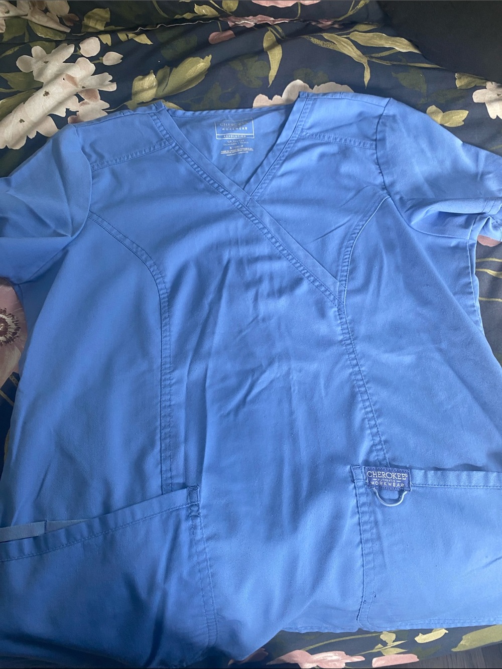 Cherokee Ceil Blue Mock Wrap Scrub Top